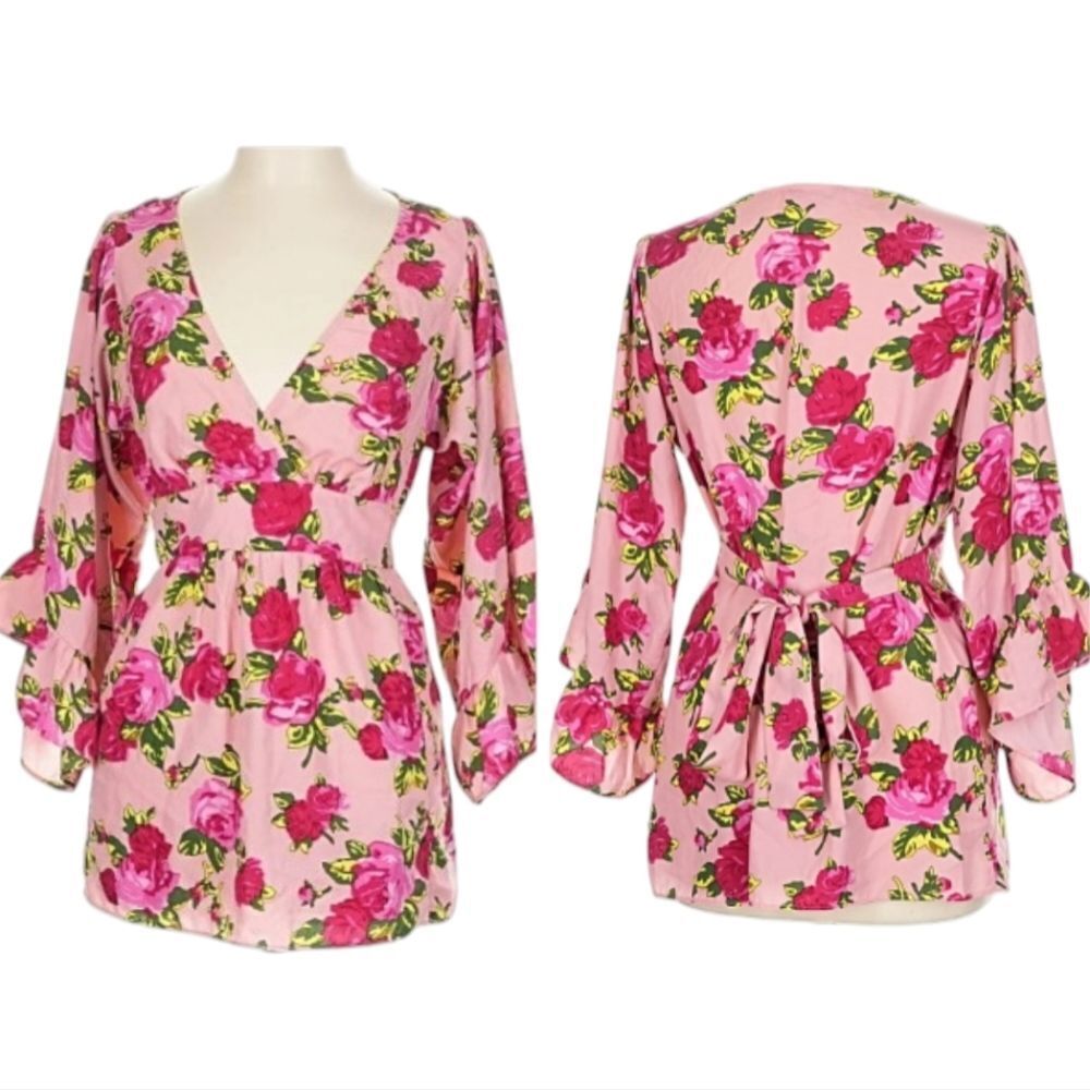 Betsy Johnson Y2K Pink Red Floral Top Bell Sleeves Tie Back Roses V Neck L